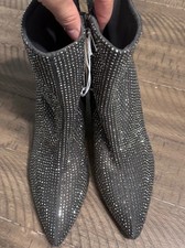 Women Rhinestone Ankle Boots Charcoal Grey Pointed Toe Block Heel Size 9.5