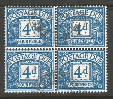 🌞 OSBURGH – GREAT BRITAIN. 4d POSTAGE DUE USED BLOCK OF FOUR.