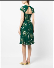 Reformation Rosi Deep Green Floral Print Ruffle Midi Short Sleeve Dress, size 4