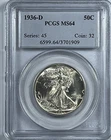 1936-D Walking Liberty Half Dollar : PCGS MS64 Blazing White