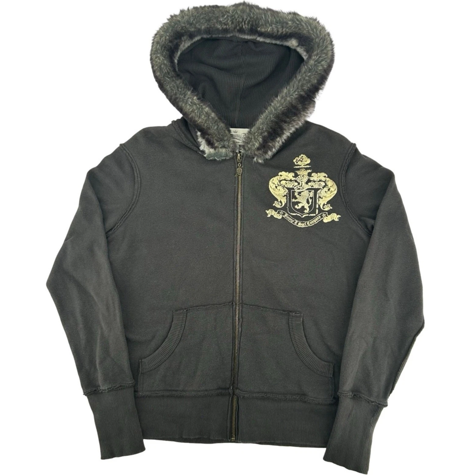 Vintage y2k Womens Grey Gold Jimmy'z Faux Fur Hood Thermal Lined Zip Hoodie Sz M