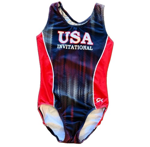 GK Elite USA Invitational Gymnastics Leotard Adult Small AS Red White Blue