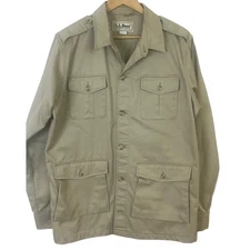 VTG LL Bean Khaki Field Utility Shirt Jacket Shacket Safari Cargo USA Large Read