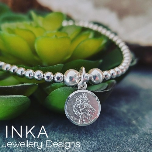 Pulsera Inca Plata Esterlina 925 Elástica con Cuentas con Dije de San Cristóbal - Imagen 1 de 7
