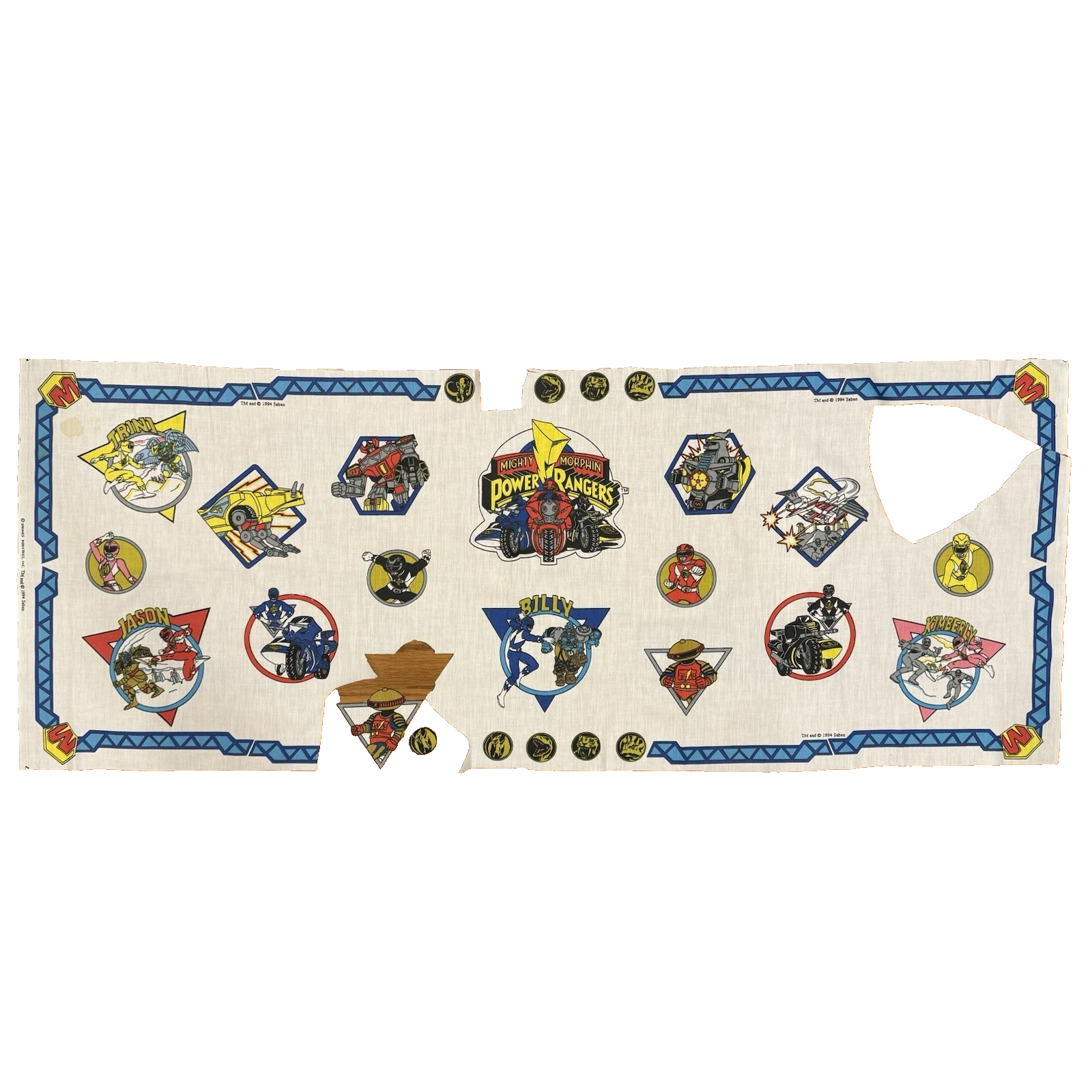 Vintage 1990s Mighty Morphin Power Rangers Cotton Fabric Panel for Crafting & Appliques