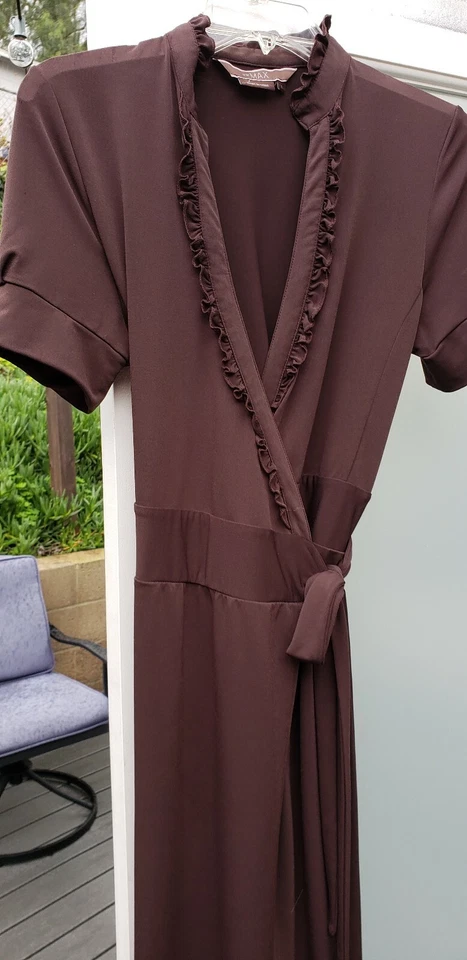 Max Espresso Brown Ruffle V-neck Soft Stretch Classic Light Spring Summer Wrap L — 第 3/4 张图片