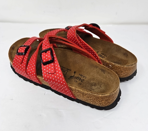 Birkis Birkenstock 240 Sandals Women Size 6 Red With Polka Dot Triple Strap Cork - Picture 6 of 12