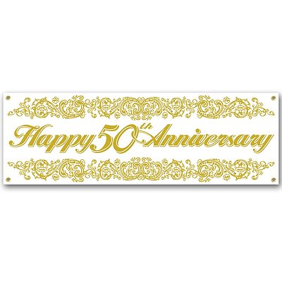 Beistle 50th Anniversary Sign Banner - Gold & White, 5ft 3in X 21in, All-Weather Plastic With Metal Grommets