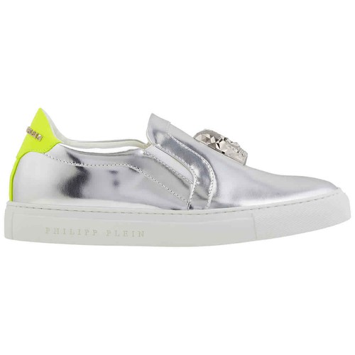 Philipp Plein Silver Metalized Leather Slip on Skull Shoes, Brand Size 37 (US Size 7), Women's