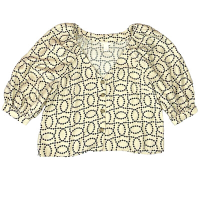 H&M  Polka Dot Button Down Blouse Women s Med Cream Black V Neck 3/4 Sleeve Top