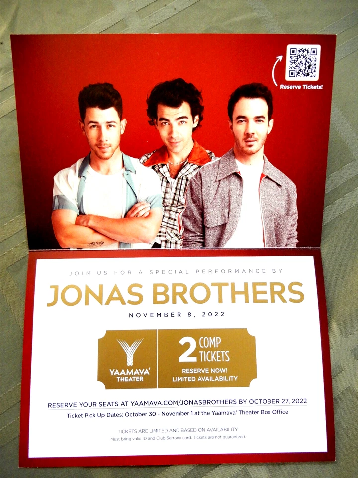 JONAS BROTHERS CONCERT TICKET Advertisement 11/8/22 YAAMAVA RESORT CASINO - Image 2 of 4