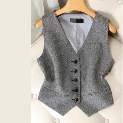 Womens Wool-Like Sleeveless Tweed Vest Herringbone Waistcoat