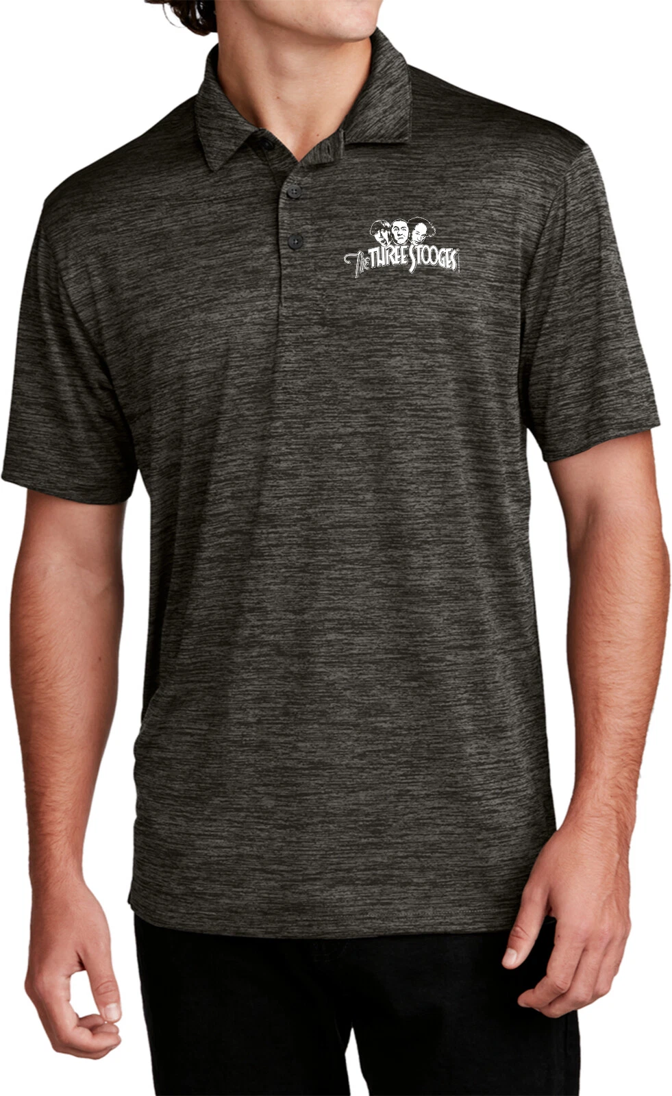 Three Stooges White Logo Chest Print Electric Heather Polo Shirt
