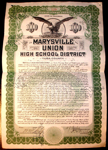 Marysville Union High School District 1934 Bond Certificate Yuba County Californ