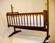 Vintage Jenny Lind Spindle Dark Wood Brass Cradle/Bassinet w/ Linens, Mattress