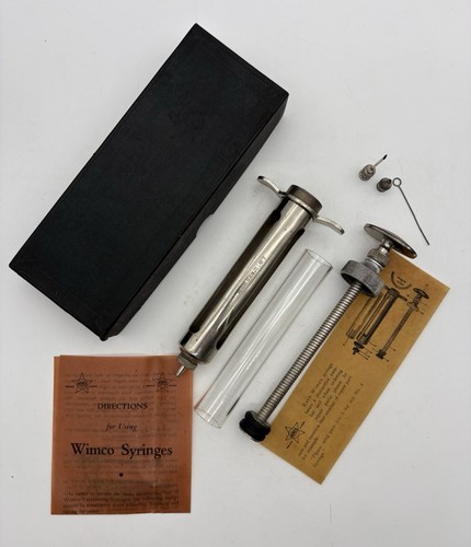 Vintage WIMCO Veterinary Syringe, No. 5, Pyrex Glass Original Box, Instructions