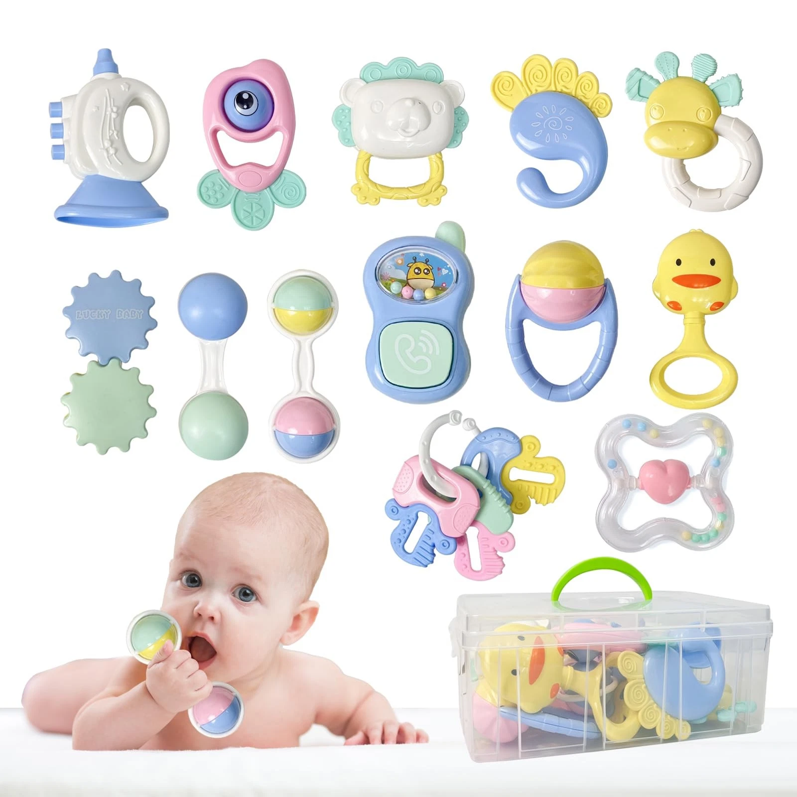 13PCS Baby Rattles 0-6 Months, Baby Teething Toys with Storage Case, Infant T...