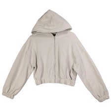 Zara Womens Athleisure Minimalist Cozy Crop Zip Hoodie L Cream Fleece Lined