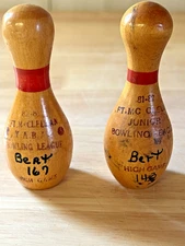 2 Vintage Wooden Miniature Bowling Pin Trophies High Game Early 1980's