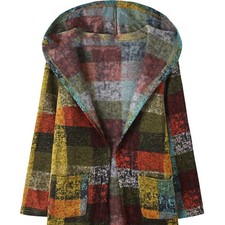 Women s Vintage Patchwork Hooded Cardigan Long Sleeve Open Front Jacket XS-XL