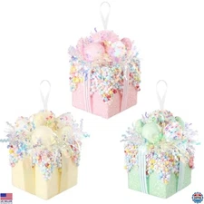 Set of 3 Glittering Christmas Tree Gift Boxes - Pastel Pink, Yellow & Green
