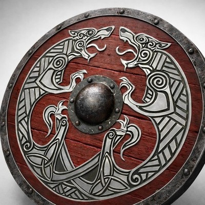 Authentisches kampfgetragenes Wikingerschild 24 Zoll nordischer Fenrir Wolf Design mittelalterliches Dekor