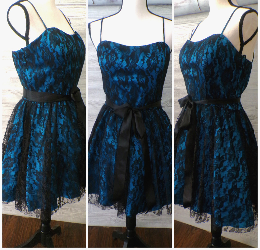 Y2k Black Lace over Blue Satin Dress 9 M Tulle strappy Dark Fairy Whimsigoth
