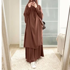 Two Piece Women Overhead Khimar Kaftan Long Skirt Sets Muslim Prayer Dress Islam