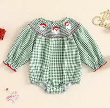 NEW Christmas Santa Smocked Baby Girls Green Bubble Romper Jumpsuit
