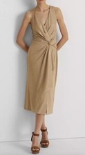 Ralph Lauren Women's Cocktail Dress Size 8 Gold Ruffle V-Neck Sleeveless Sheath