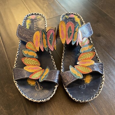Laura Vita Size 7 Multicolor Leather Unique Feather  Sandal Artsy Funky Cool