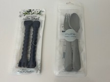 Baby Mushie Lot of 2 Grey  Ryan 2 Pack  Rose Baby Spoon  Fork 2 Pack Blue
