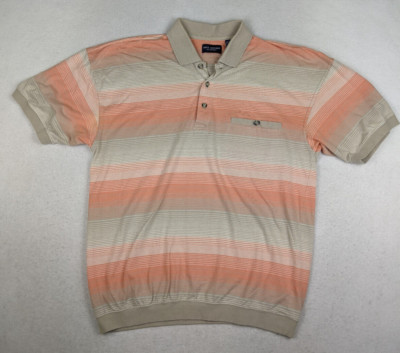 Safe Harbor Sportswear Men's Polo Orange Beige Striped Short Sleeve Retro Size L