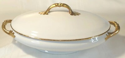 Gold M de M Limoge France Covered Oval Serving Bowl Casserole gold Victorian