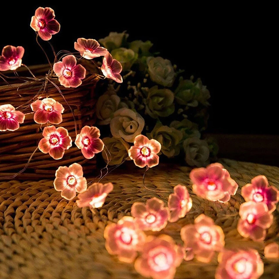 20-LED 2M Cereza Hadas Luces Rosa Flor Cadena Lámpara Luz Nocturna Decoración Navidad Foto 3 de 4