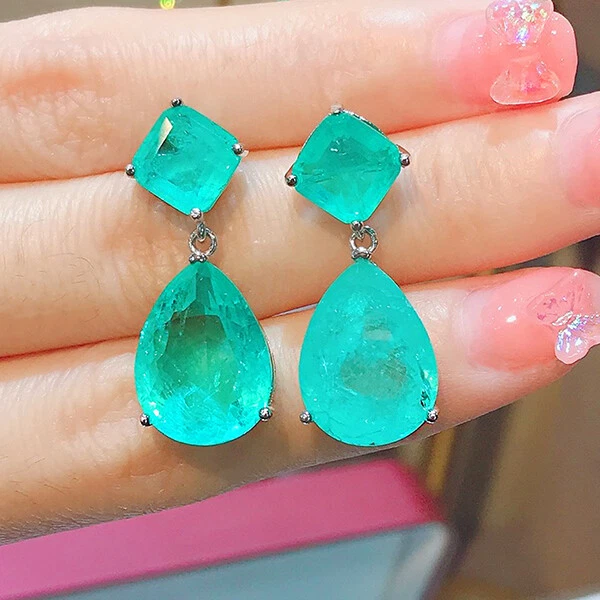 Nuevos pendientes colgantes de plata con gemas de turmalina verde neón joyería para mujer con encanto Foto 2 de 4