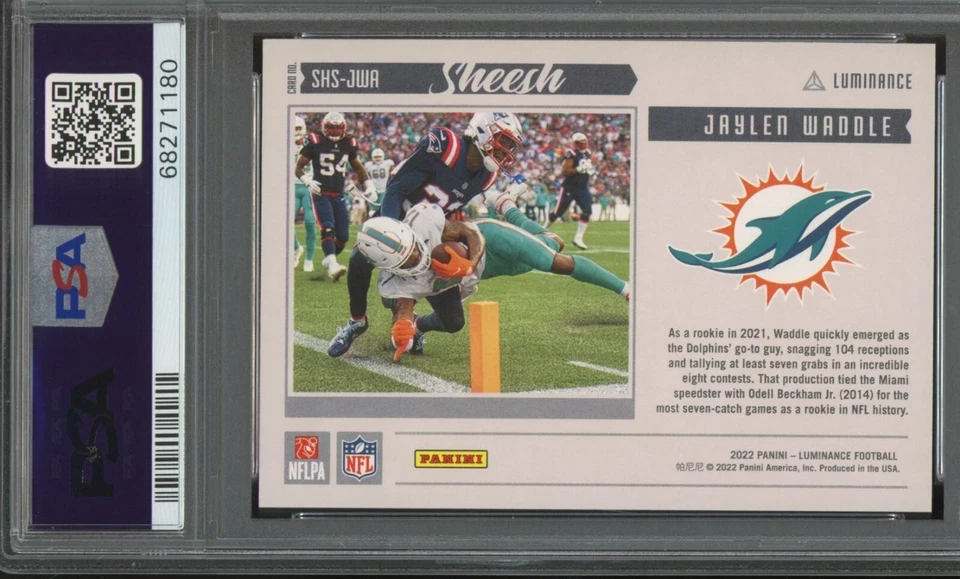 2022 Panini Luminance Jaylen Waddle Sheesh Orange #'d 051/100 PSA 10 POP 1 - Image 2 of 2