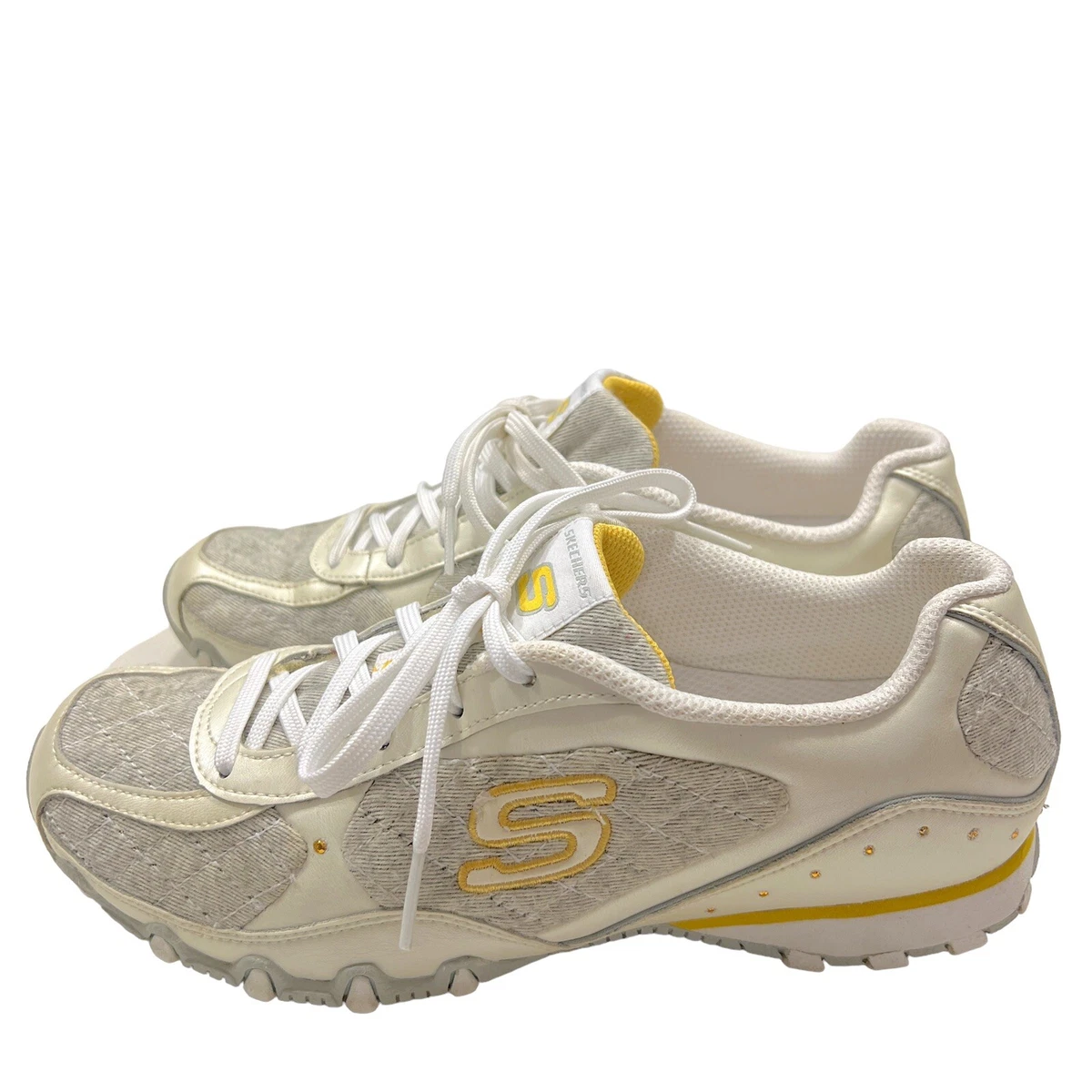 Skechers Womens Bling 21375 White Gray Lace Up Beaded Sneakers