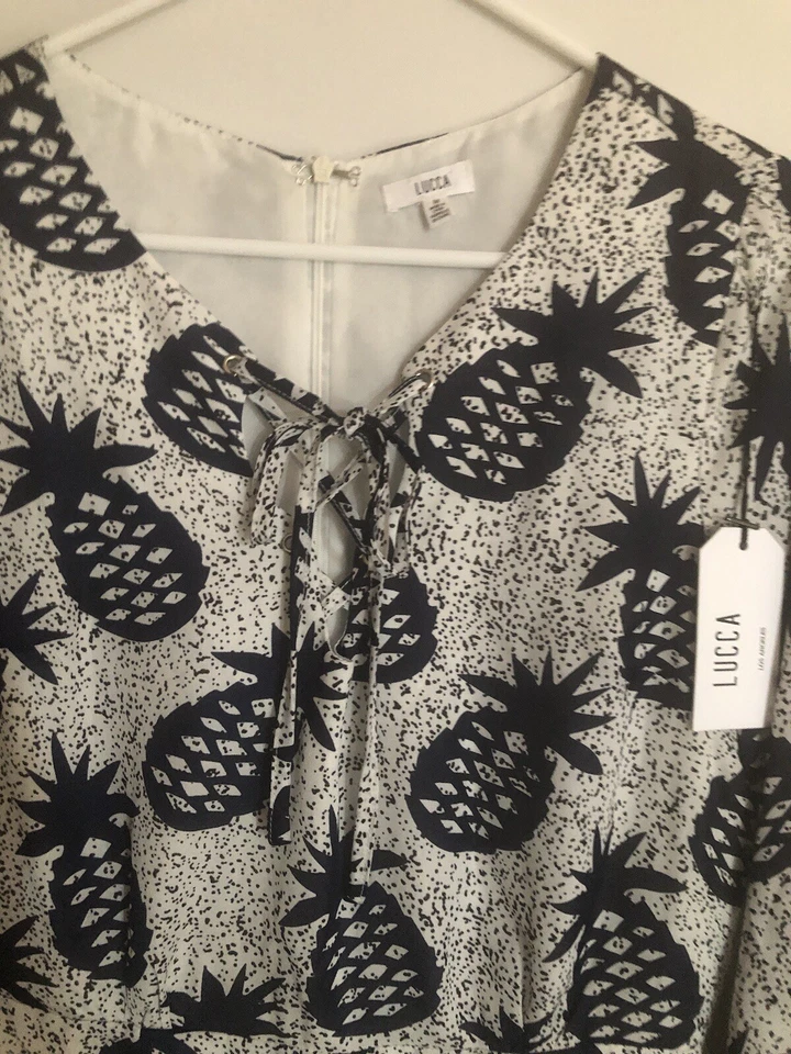 NWT Lucca Couture Pants & Jumpsuit Pineapple Romper Blue/White Size M - Image 2 of 4