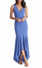 DRESS the POPULATION Blue Jay Demi V-Neck Ruffle Hi/Lo Mermaid Maxi Gown XS 2/4