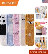 Women’s Cozy Fuzzy Slipper Socks - 5 Pairs of Animal-Themed Winter Warmth