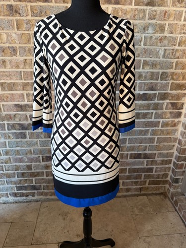 Eliza J Black White Geometric Print Boatneck Shift Dress Petite 2 Lined Polyeste