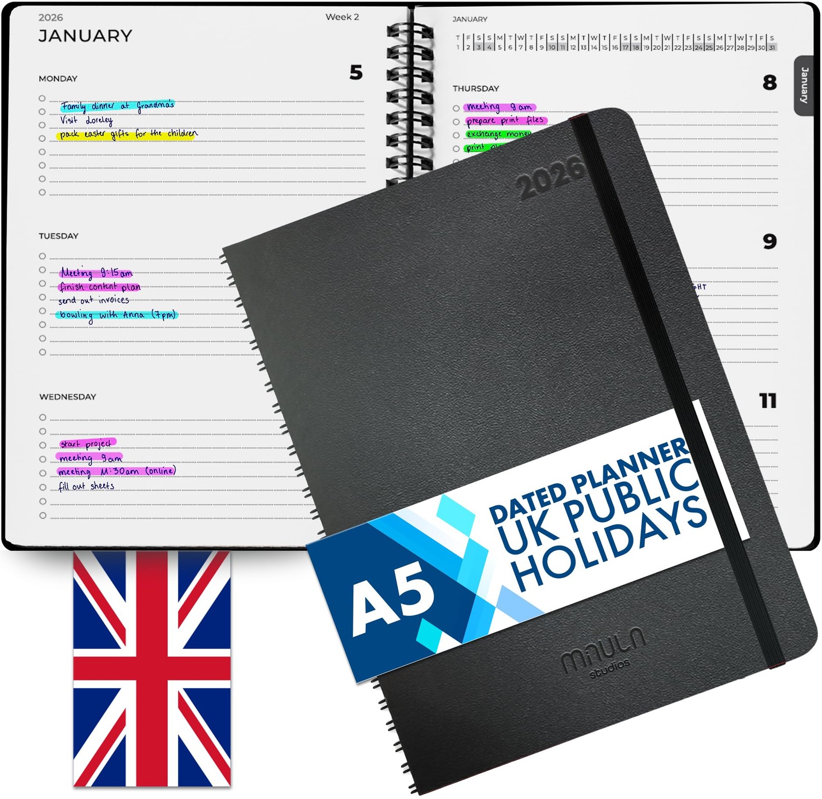 2026 Diary Week to View – A5 Dated Planner - Minimalist Weekly & A5, Black