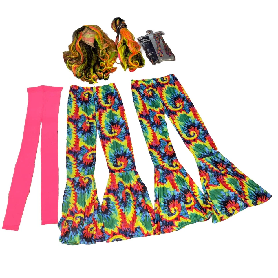 2 Bell Bottom Flare Stretch tie dye Hippie Pants Legging/2 wigs/pink legging - Image 4 of 4