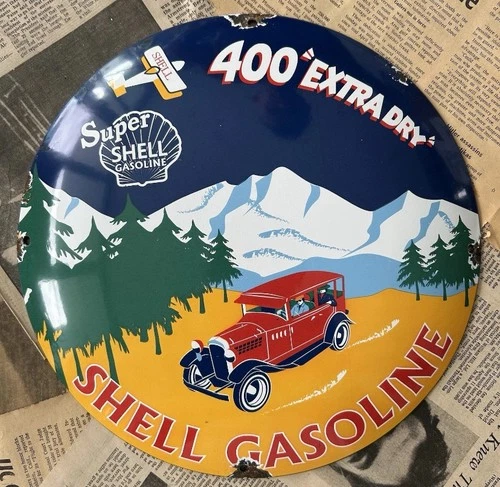 VINTAGE 1930s/1950S SHELL GAS & COCA COLA 12 INCH CONVEX PORCELAIN ENAMEL SIGN