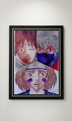 Original Naruto Drawing Team Minato Kakashi Obito Rin Fan Art A4 Framed 230gsm