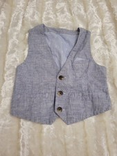 M&S Boys Aged 3-4 Smart Blue Grey White Waistcoat 70% Cotton 30% Linen