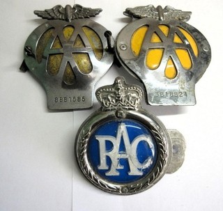 Job Lot of Vintage AA & RAC Automobile Association Enamel Car Badges x3