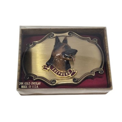 Vintage German Shepherd Dog Raintree Belt Buckle 24k Gold Overlay Original Box