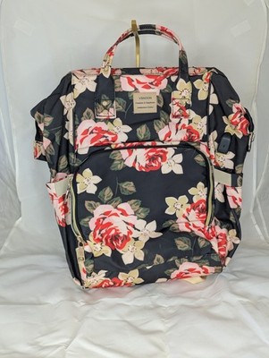 Black and Pink Rose Waterproof Backpack for Women with USB Charging